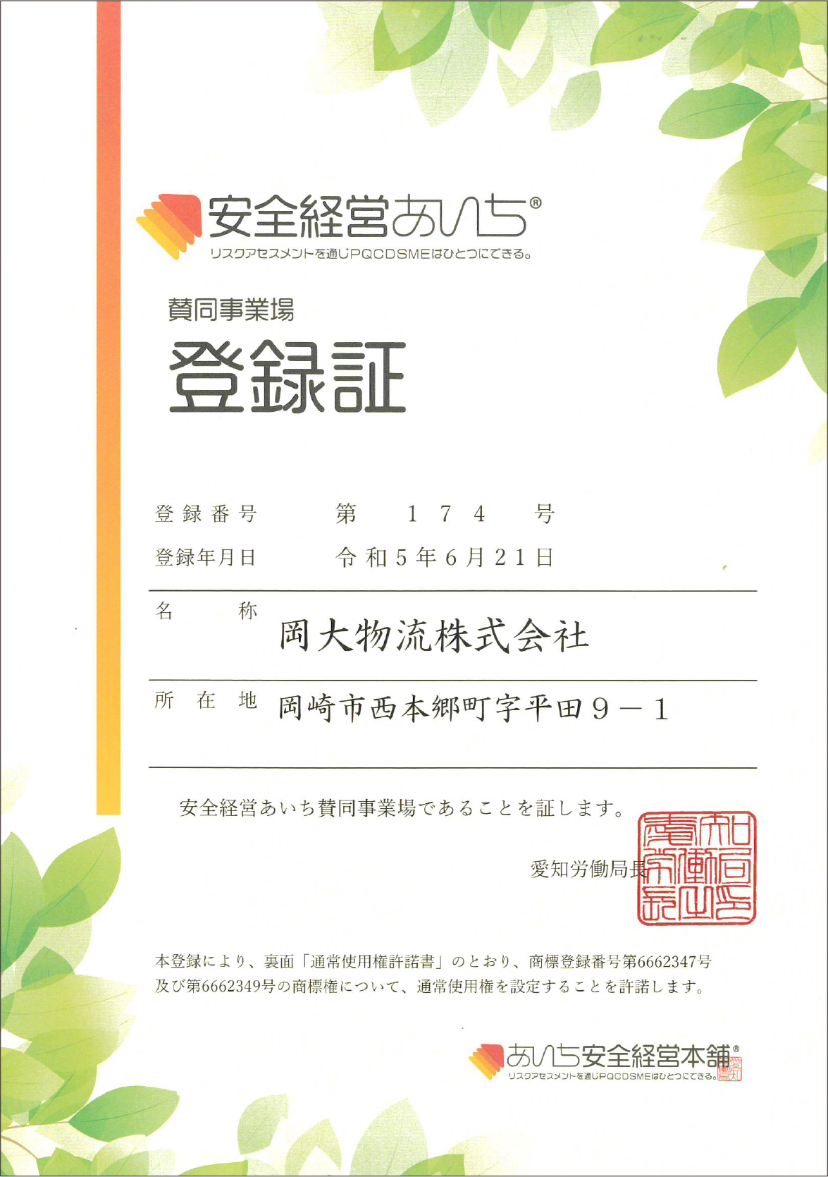 働きやすい職場認証制度登録証書